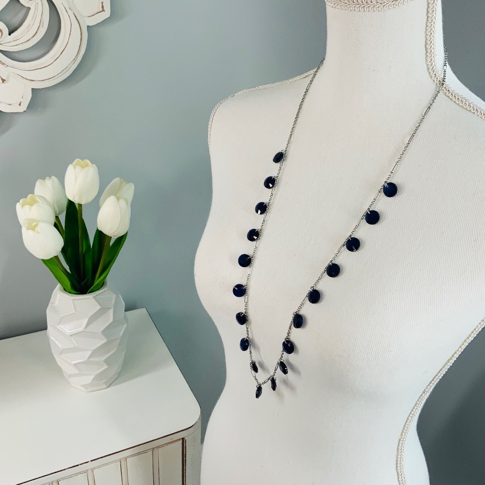 Necklace 17 inch with Silver Tone with Navy Gem Stones